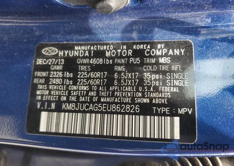 2014 Hyundai Tucson Gls из США, поврежденный, VIN KM8JUCAG5EU862826